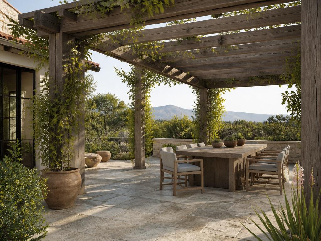 Wooden pergola over a stone patio